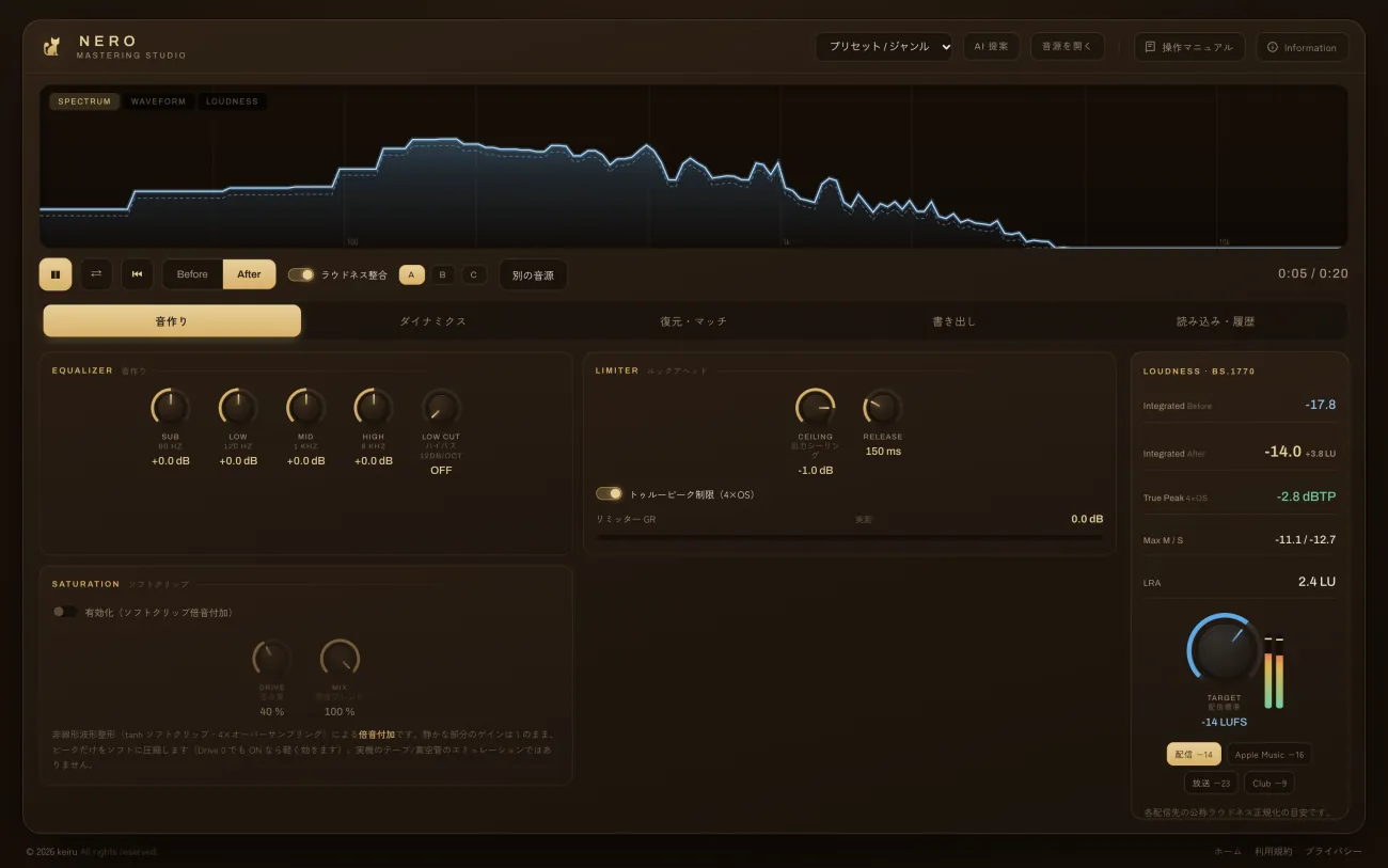 NERO MASTERING STUDIO の画面