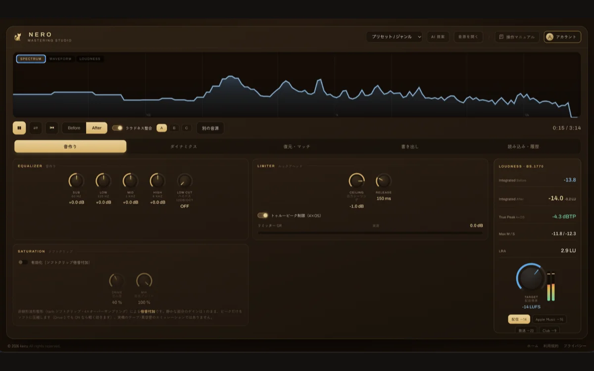 NERO MASTERING STUDIOのマスタリング画面